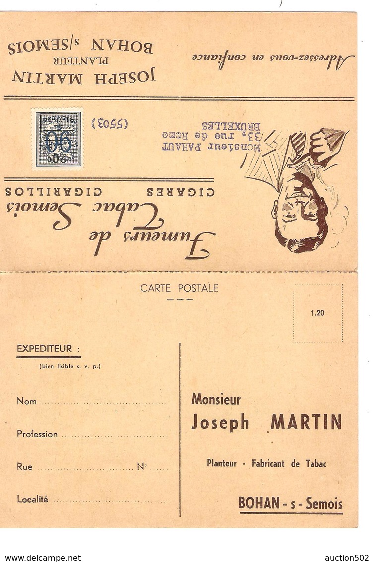 PR6355/ TP Préo 942 (1/1/54 Au 31/12/1954) S/CPRP Publicitaire Fumeurs Tabac Semois Joseph Martin Bohan  + Tarif V.BXL - Typos 1951-80 (Chiffre Sur Lion)