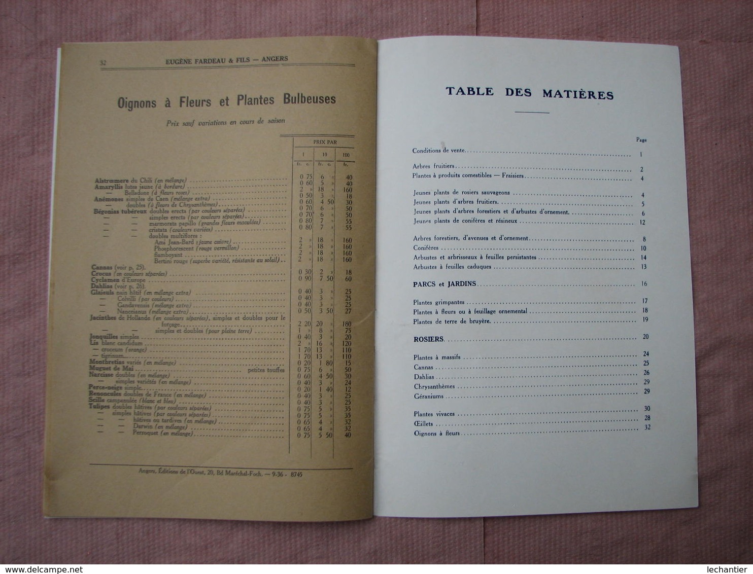 ANGERS, Eugéne FARDEAU et Fils catalogue 1936-1937 86-88 rue des Ponts de Cé ,Ets. Horticole-Pépinières. TBE