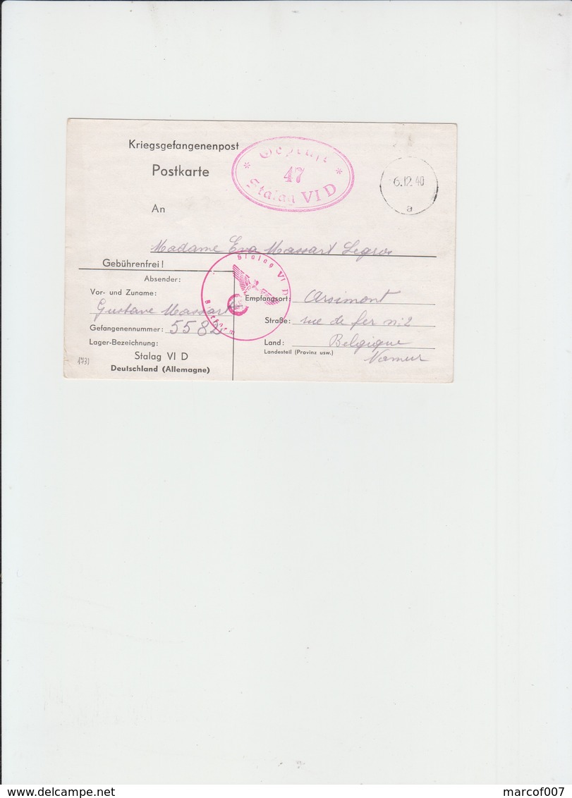 MILITARIA - CARTE VERS ARSIMONT - DU STALAG 6 D + GEPRUFT- 1944 - 1939-45