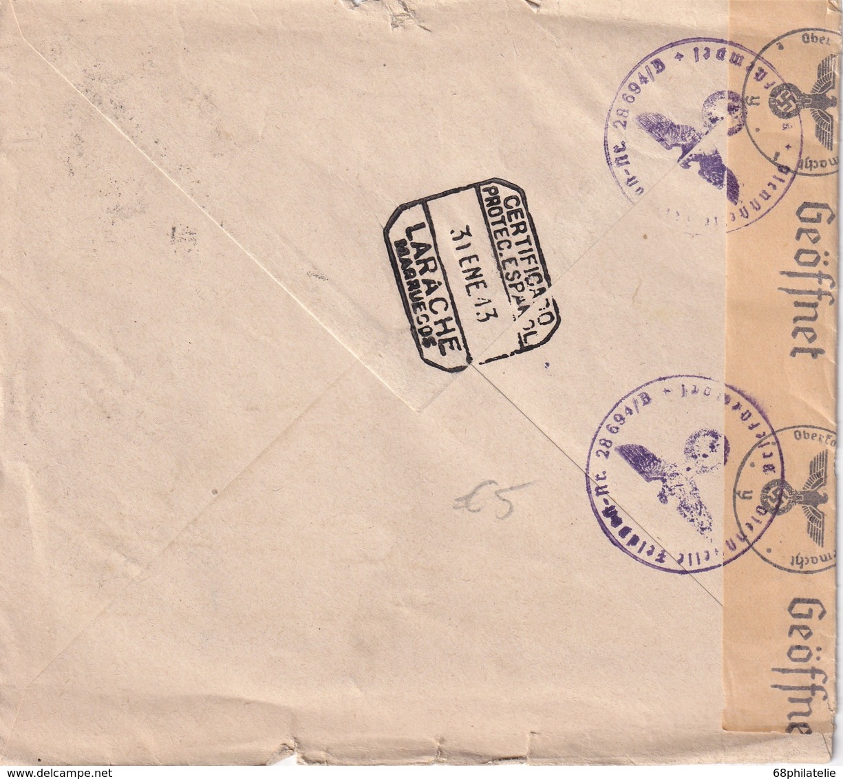 FRANCE 1942 LETTRE RECOMMANDEE CENSURE DE MARSEILLE AVEC CACHET ARRIVEE LARACHE ESPAGNE - 1921-1960: Période Moderne