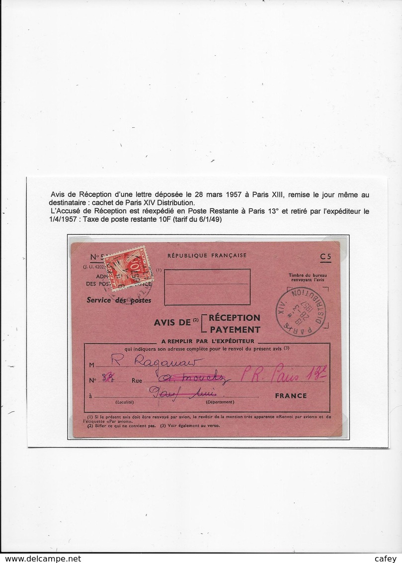 POSTE RESTANTE TAXE GERBE AVIS DE RECEPTION  Réexpédié En Poste Restante 1957 - Tarifs Postaux