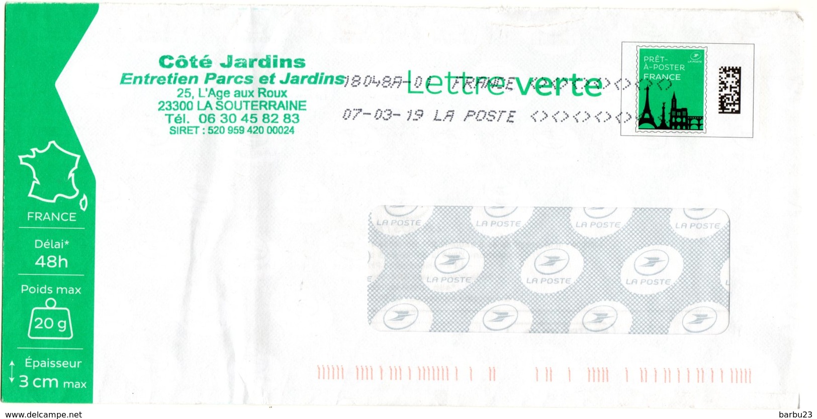 Enveloppe PAP Pret à Poster  Lettre Verte 20g France En-tête Coté Jardins 161706 - Prêts-à-poster:  Autres (1995-...)