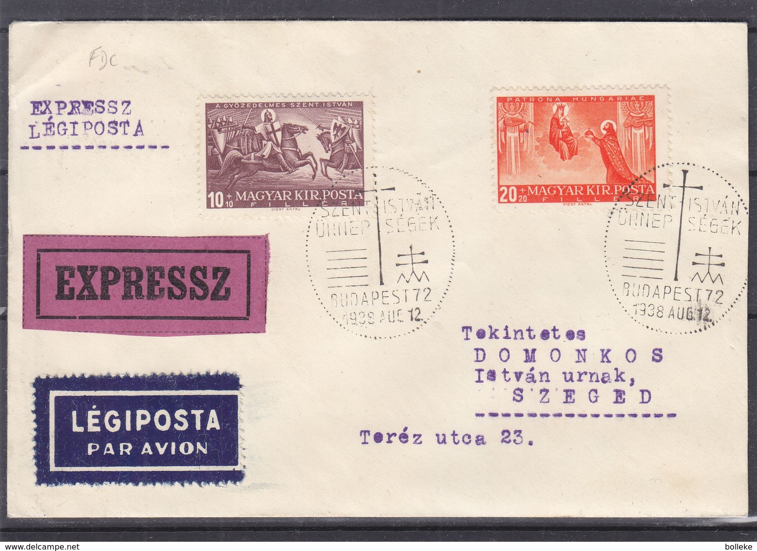 Hongrie - Lettre Exprès De 1938 - Oblit Spéciale Budapest - Exp Vers Szeged - Religieux - Szent Istvan - Covers & Documents