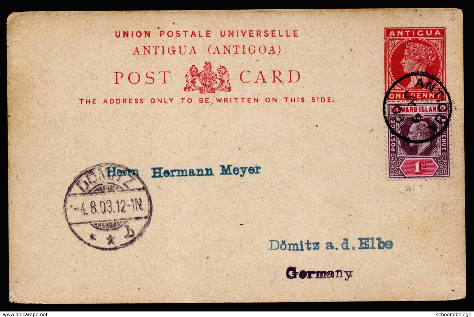 A5948) UK Antigua Leeward Islands Uprated Postcard 07/09/03 To Germany - 1858-1960 Colonia Británica