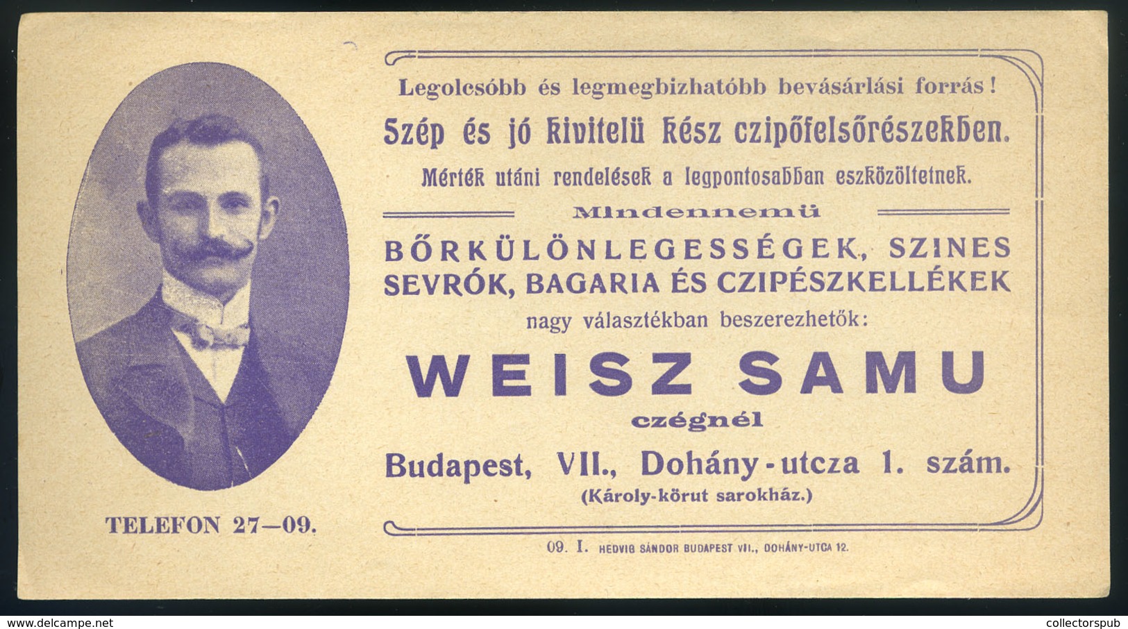 SZÁMOLÓ CÉDULA  Régi Reklám Grafika , Weisz Samu, Dohány U.1.   /  Vintage Adv. Graphics BAR TAB, Samu Weisz Dohány St.  - Unclassified