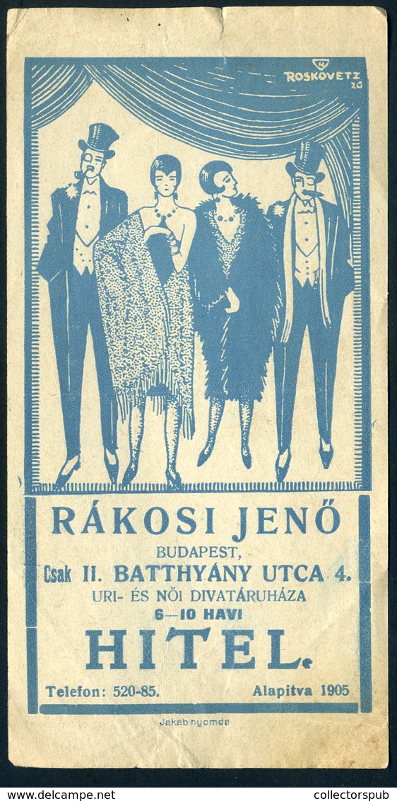 SZÁMOLÓ CÉDULA  Régi Reklám Grafika , Rákosi Jenő, II. Batthyány Utca  /  Vintage Adv. Graphics BAR TAB - Unclassified