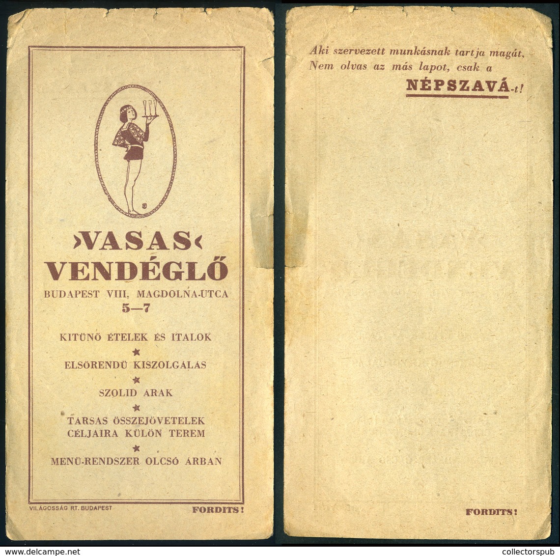 SZÁMOLÓ CÉDULA Régi Reklám Grafika , Vasas Vendéglő  /  Vintage Adv. Graphics BAR TAB Vasas Restaurant - Zonder Classificatie