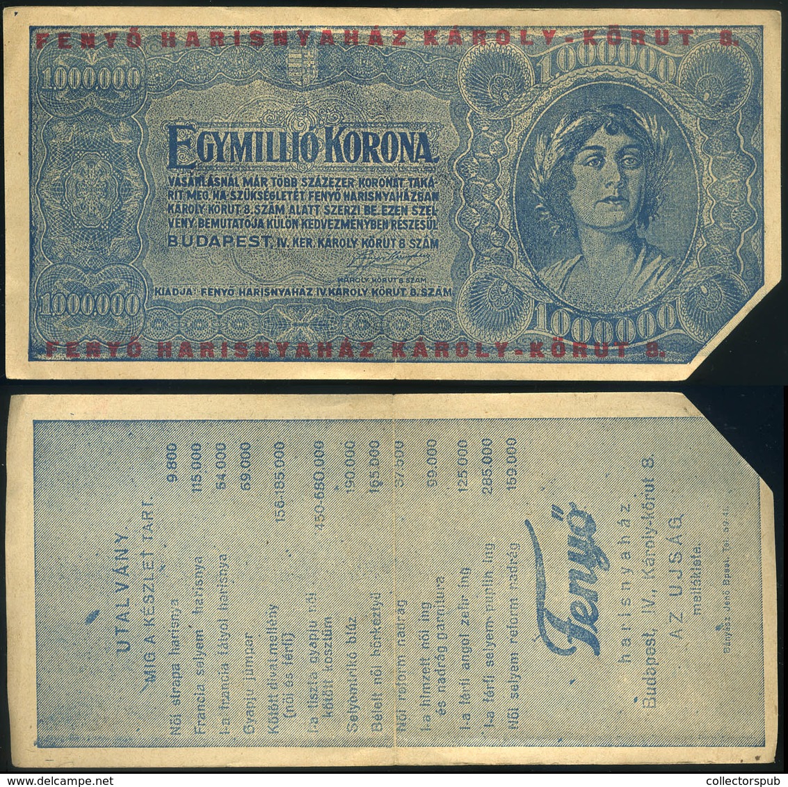 SZÁMOLÓ CÉDULA Régi Reklám Grafika , Egymillió Korona, Fenyő Harisnyaház  /  Vintage Adv. Graphics BAR TAB Stockings - Non Classés