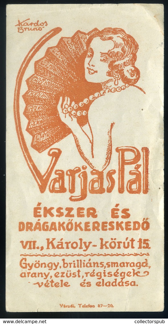 SZÁMOLÓ CÉDULA Régi Reklám Grafika ,Varjas Pál, Ékszer, Drágakő  /  Vintage Adv. Graphics BAR TAB, Pál Varjas Jeweler - Unclassified