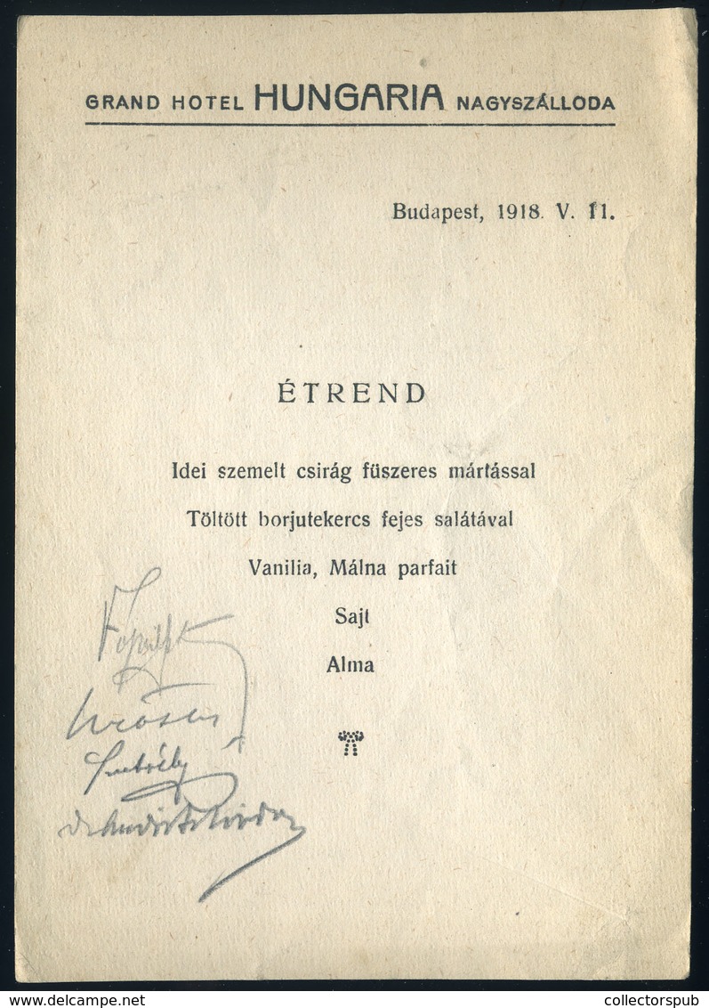 MENÜKÁRTYA Budapest, Grand Hotel Hungária 1918. - Ohne Zuordnung