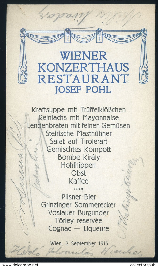 MENÜKÁRTYA  Ausztria, Wiener Konzerthaus Restaurant 1915. - Zonder Classificatie