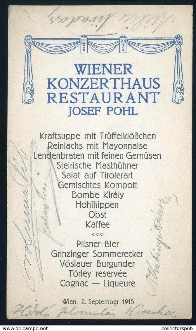 MENÜKÁRTYA  Ausztria, Wiener Konzerthaus Restaurant 1915. - Ohne Zuordnung
