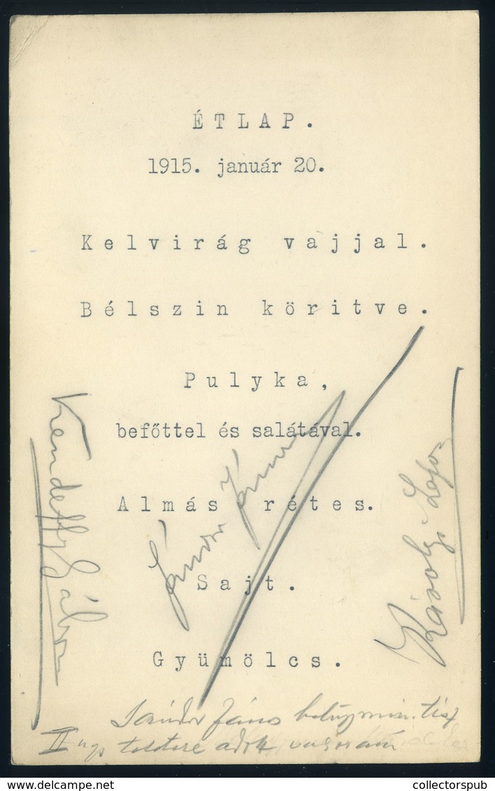 MENÜKÁRTYA  Budapest, Sándor János Belügyminiszter Tiszteletére 1915. - Ohne Zuordnung