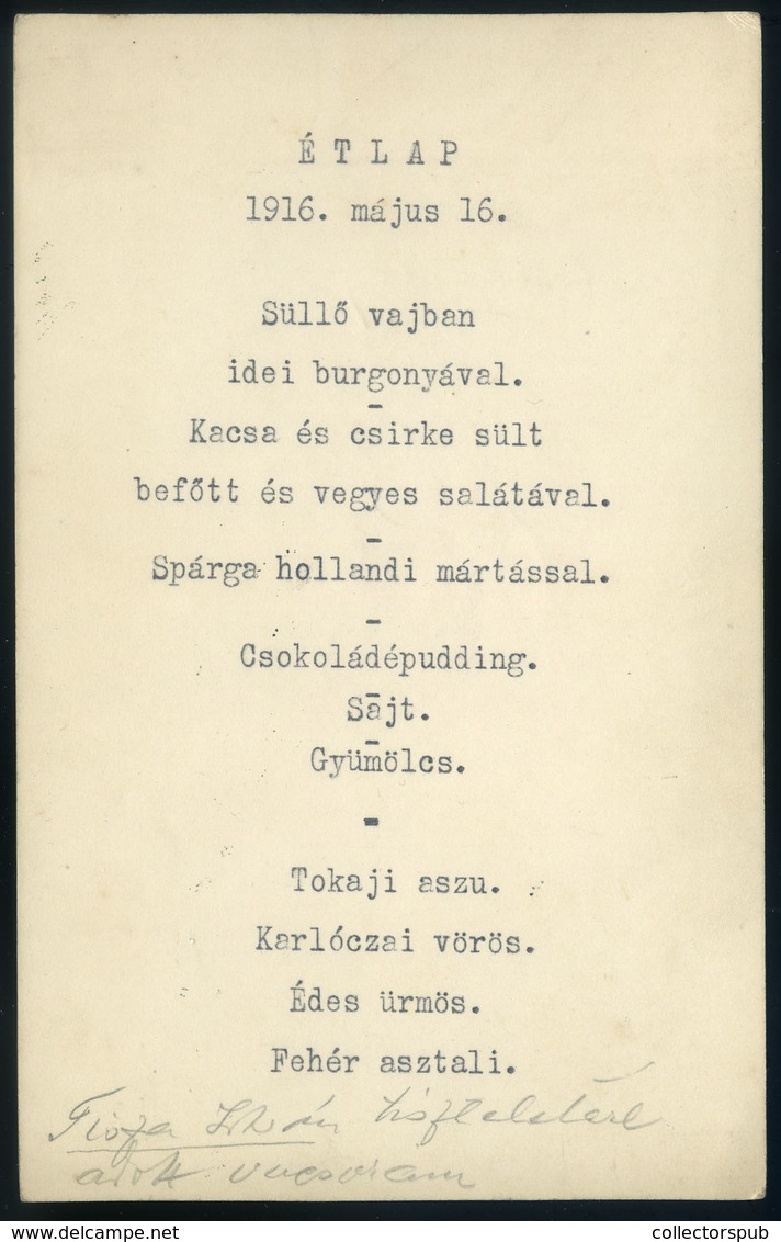 MENÜKÁRTYA  1916. Újvidék, "Tisza István Tiszteletére" - Unclassified