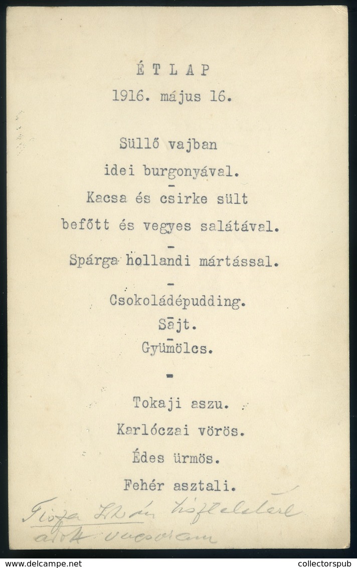 MENÜKÁRTYA  1916. Újvidék, "Tisza István Tiszteletére" - Ohne Zuordnung
