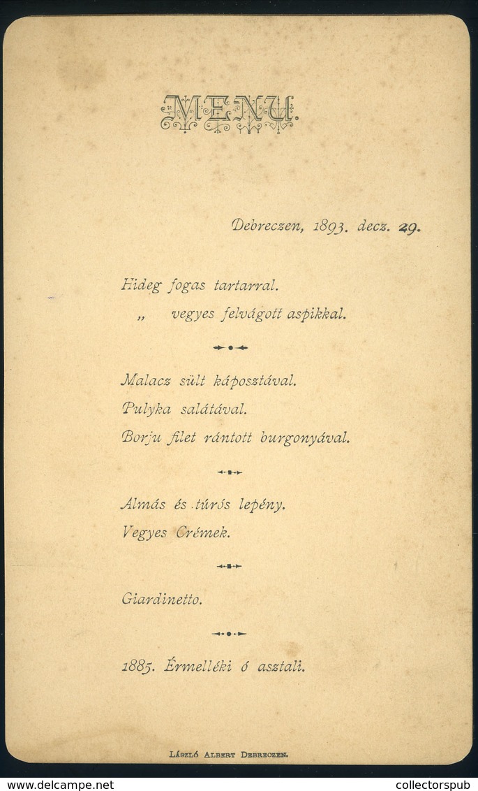 MENÜKÁRTYA  1893. Debrecen - Non Classés