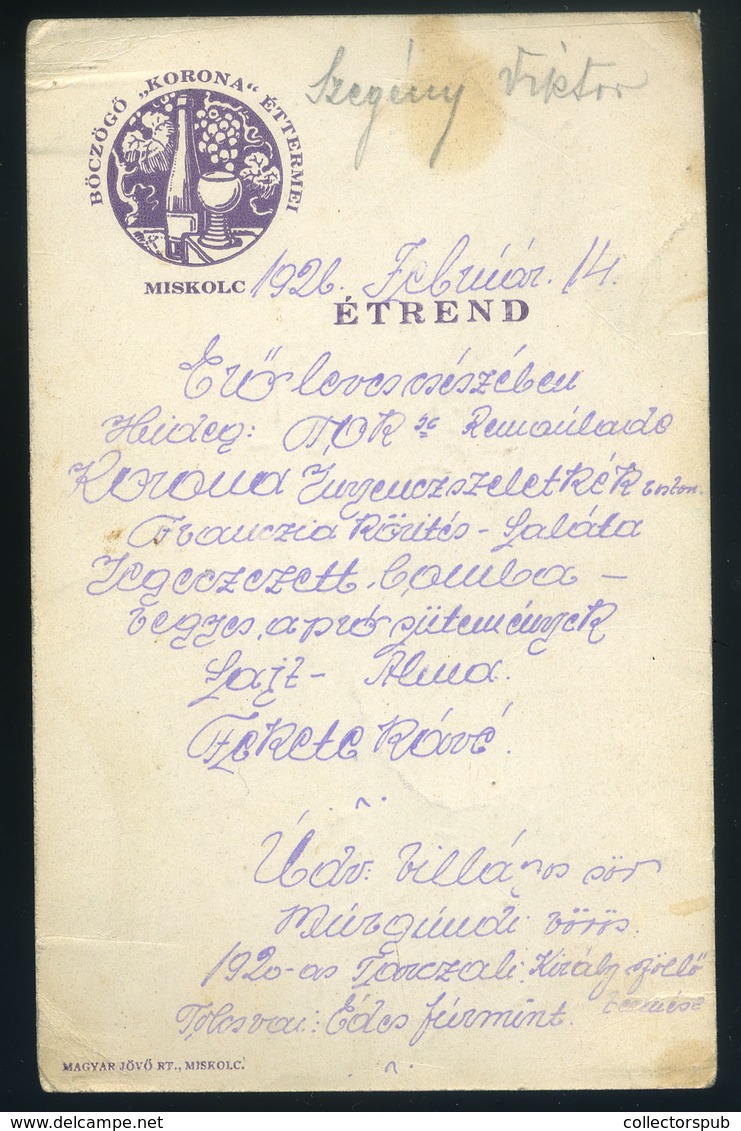 MENÜKÁRTYA 1926. Miskolc, Böczögő Étterem - Ohne Zuordnung