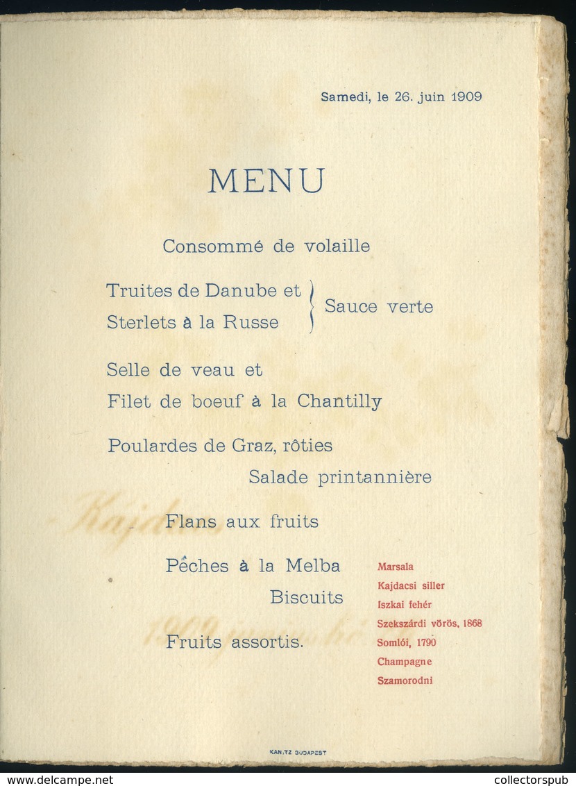 MENÜKÁRTYA , KAJDACS 1909. / MENU CARD KAJDACS 1909. - Zonder Classificatie