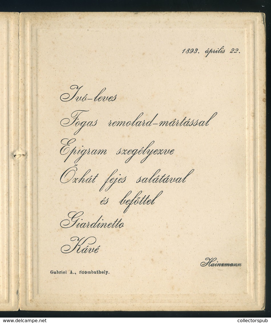 MENÜKÁRTYA , SZOMBATHELY 1893. - Zonder Classificatie