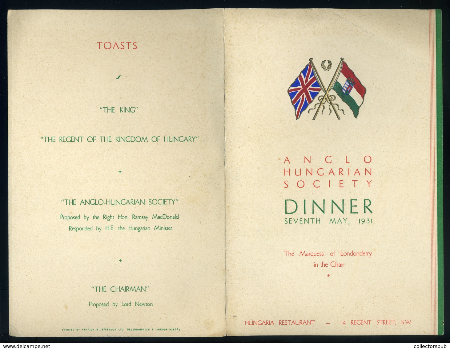 MENÜKÁRTYA 1931. London, Hungaria Restaurant, Anglo-Hungarian Society - Non Classés