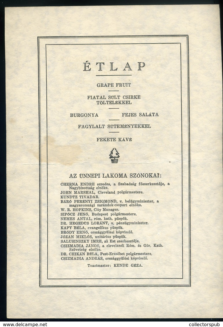 MENÜKÁRTYA 1928. Cleveland, Díszvacsora A Magyarországi Vendégek Tiszteletére - Unclassified