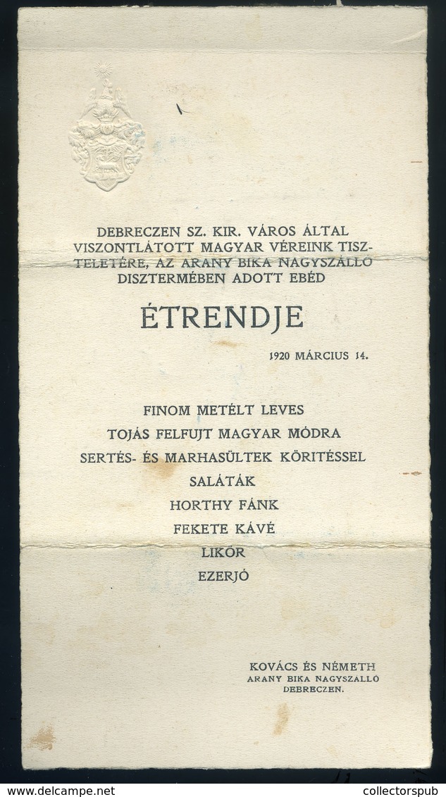 MENÜKÁRTYA 1920. "Viszontlátott Magyar Véreink Tiszteletére" - Non Classés