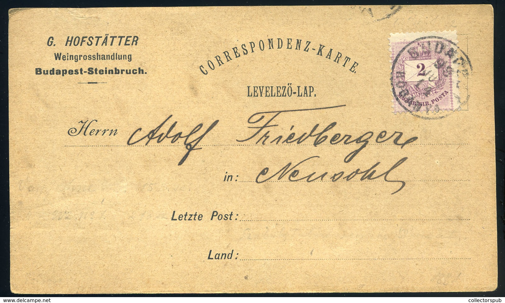 BUDAPEST 1893. Hofstatter Borkereskedés, Céges Levlap Besztercebányára Küldve - Oblitérés