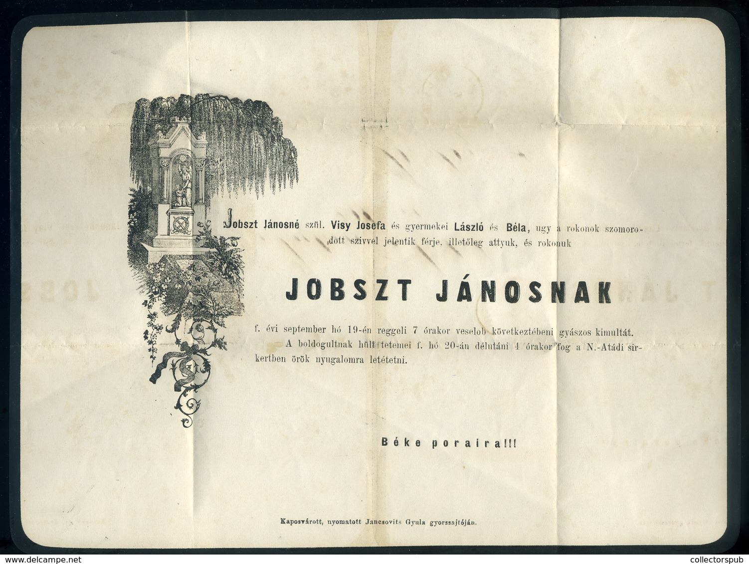 NAGYATÁD 1872. Postázott Gyászjelentés Nagybajomba Küldve, Jobszt János Gyógyszertár Tulajdonos. - Gebruikt