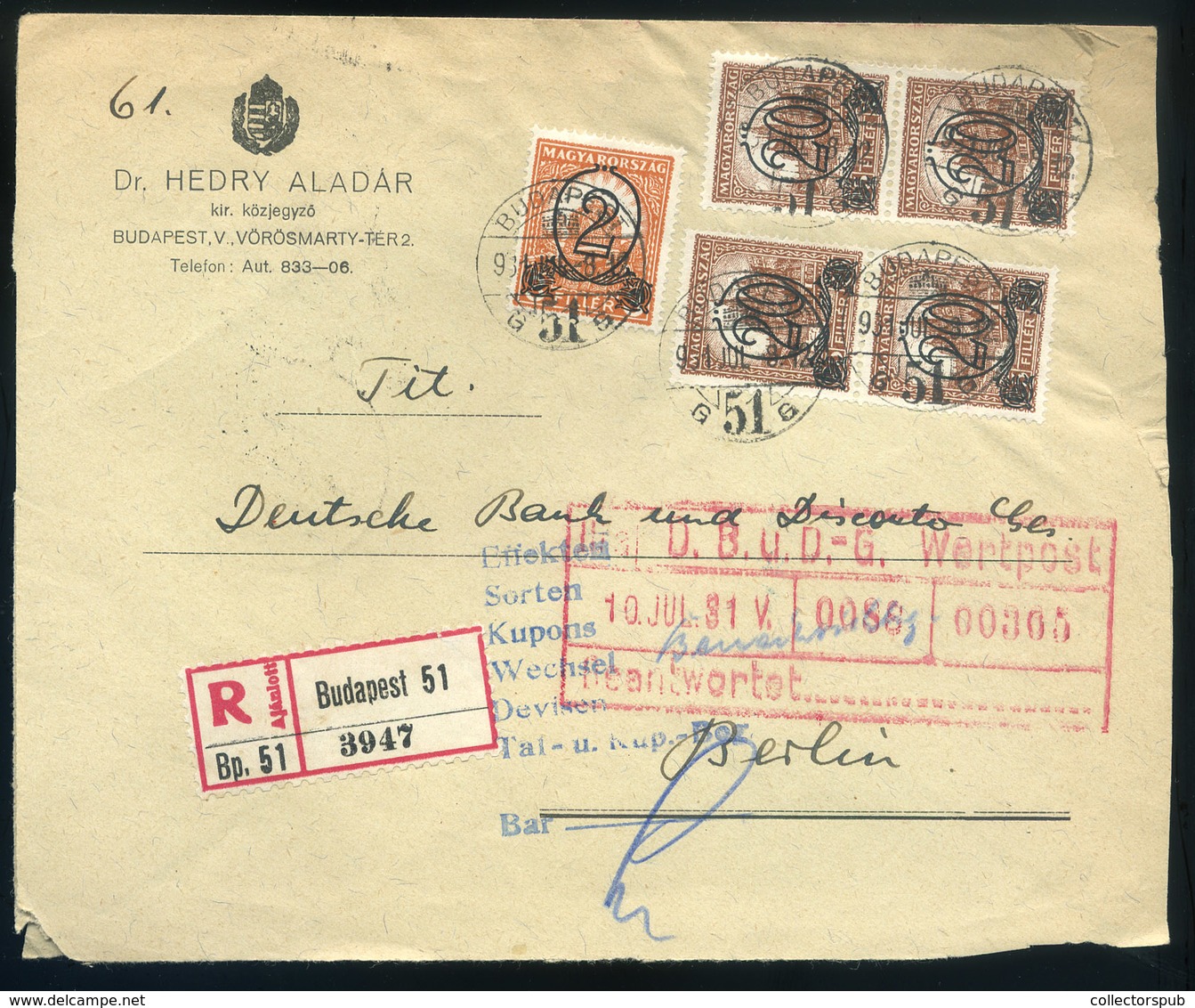 BUDAPEST 1934. Ajánlott Közjegyzői Levél Ritka Bérmentesítéssel Berlinbe Küldve - Storia Postale