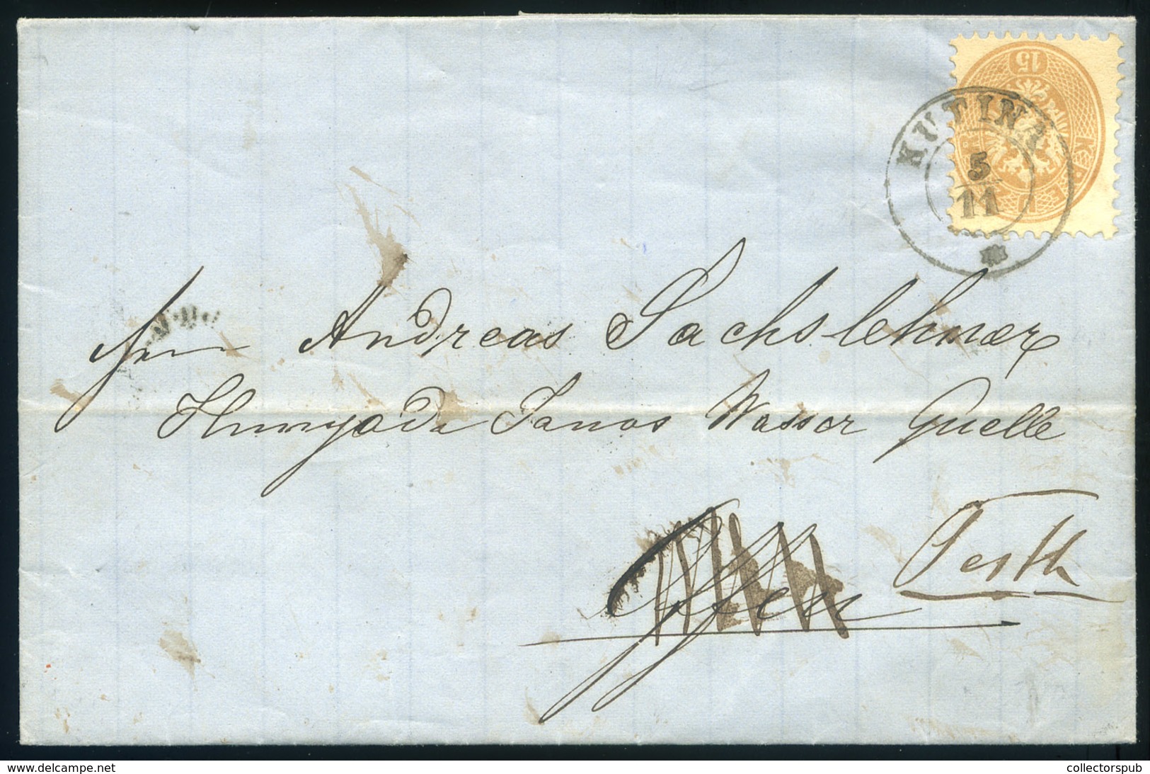 KUTINA 1865. Céges , Vakdombornyomásos Levél, 15Kr -ral Pestre Küldve (300P). - Oblitérés