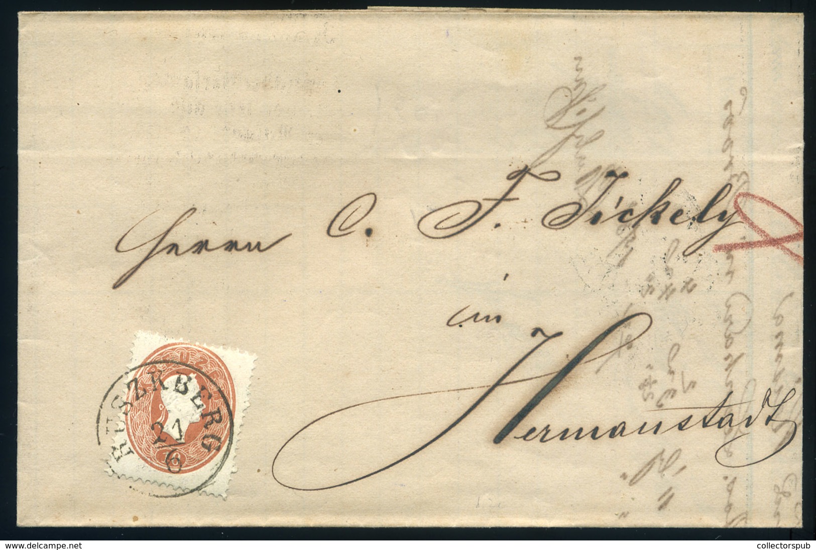 RUSZKBERG 1862. Dekoratív, Céges Számla Levél, 10Kr-ral Nagyszebenbe Küldve - Used Stamps