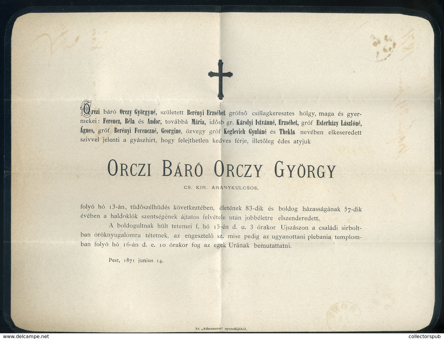 ÚJSZÁSZ 1871. Báró Orczy György , Postázott Gyászjelentésa Váci Püspöknek Küldve - Used Stamps