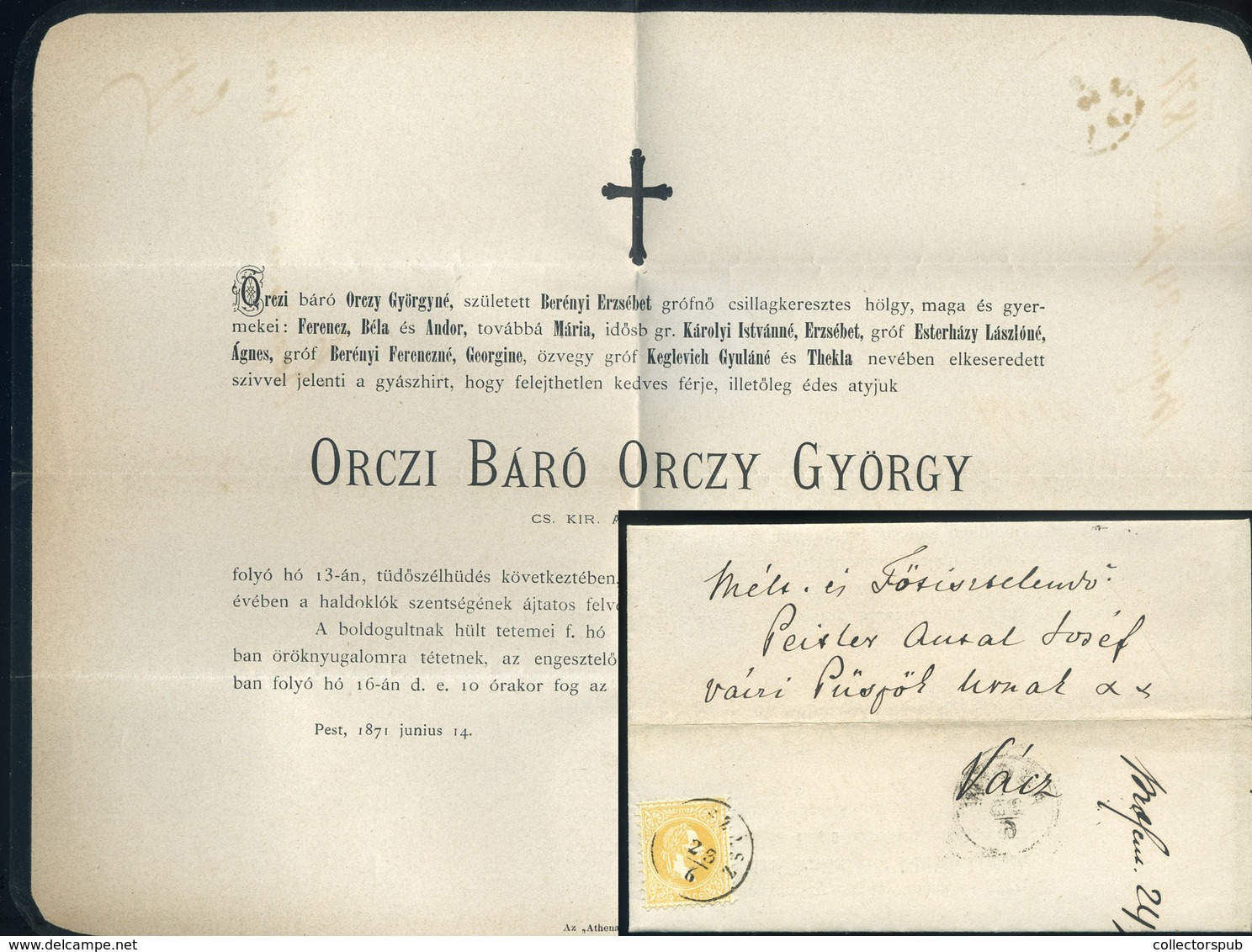 ÚJSZÁSZ 1871. Báró Orczy György , Postázott Gyászjelentésa Váci Püspöknek Küldve - Used Stamps