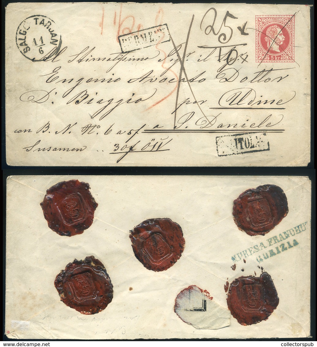 SALGÓTARJÁN 187..  Érvénytelen 67-es 5Kr-os Boríték , Tértivevényes  értéklevélként Udinébe Küldve. Dekoratív , érdekes  - Used Stamps