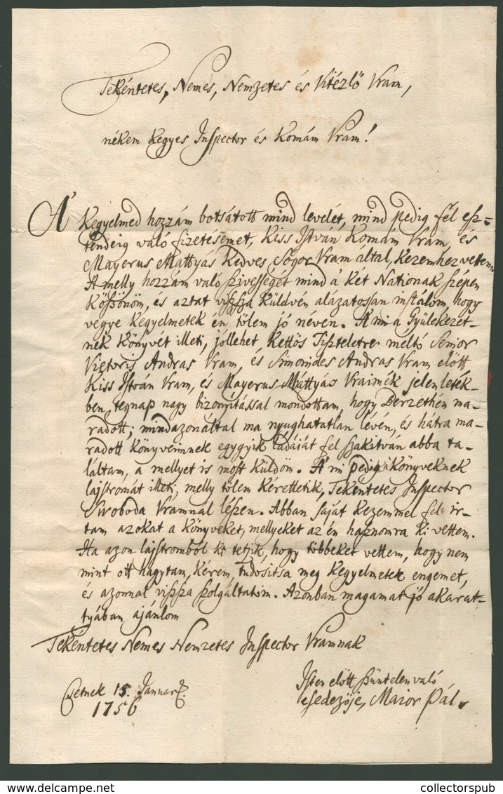 CSETNEK 1756. Major Pál 1711-1758. Lelkész,könyvtáros, Gyönyörű Magyar Nyelvű Levele (könyvlopással Vádolják) Rozsnyóra  - ...-1867 Préphilatélie