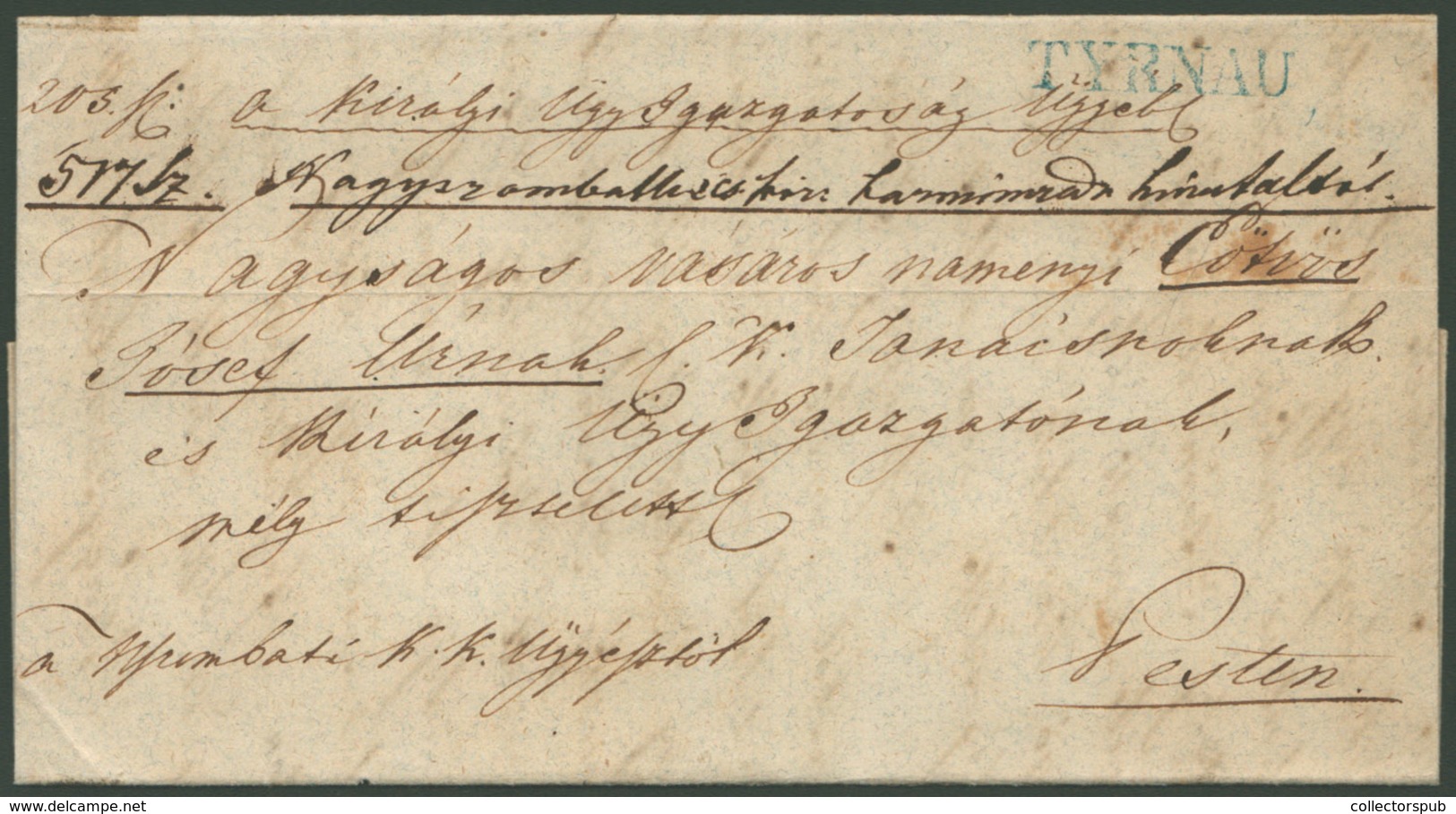 NAGYSZOMBAT 1850.05. Levél, Tartalommal, Kék "TYRNAU" Bélyegzéssel Pestre Küldve - ...-1867 Prephilately