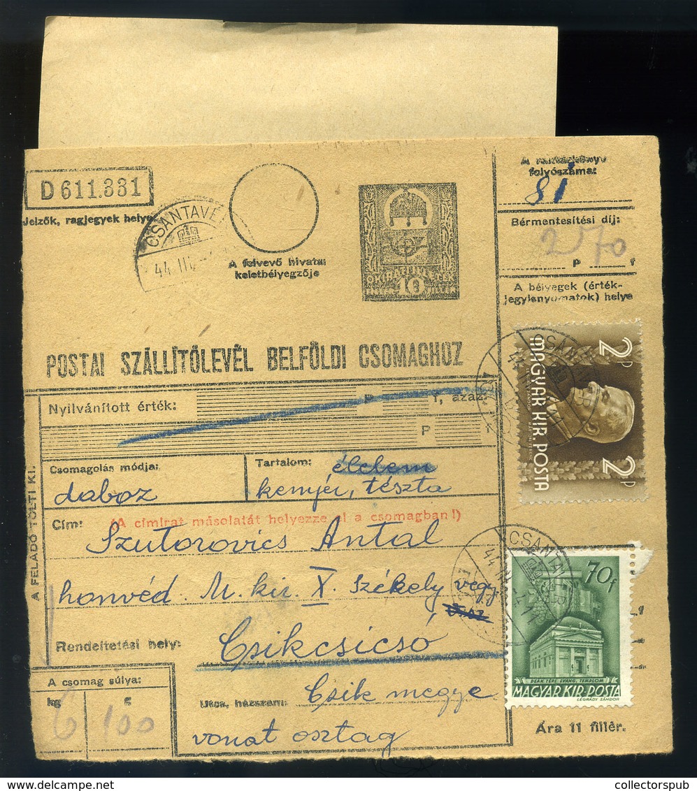 CSANTAVÉR 1944. Csomagszállító Csíkcsicsóra Küldve, X. Székely Vegyes Vonatosztály Bélyegzéssel - Lettres & Documents