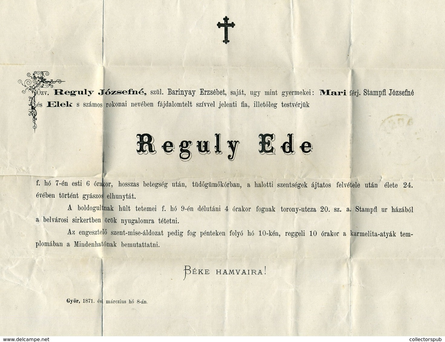 GYŐR 1871. Postázott Gyászjelentés, Reguly Ede - Used Stamps