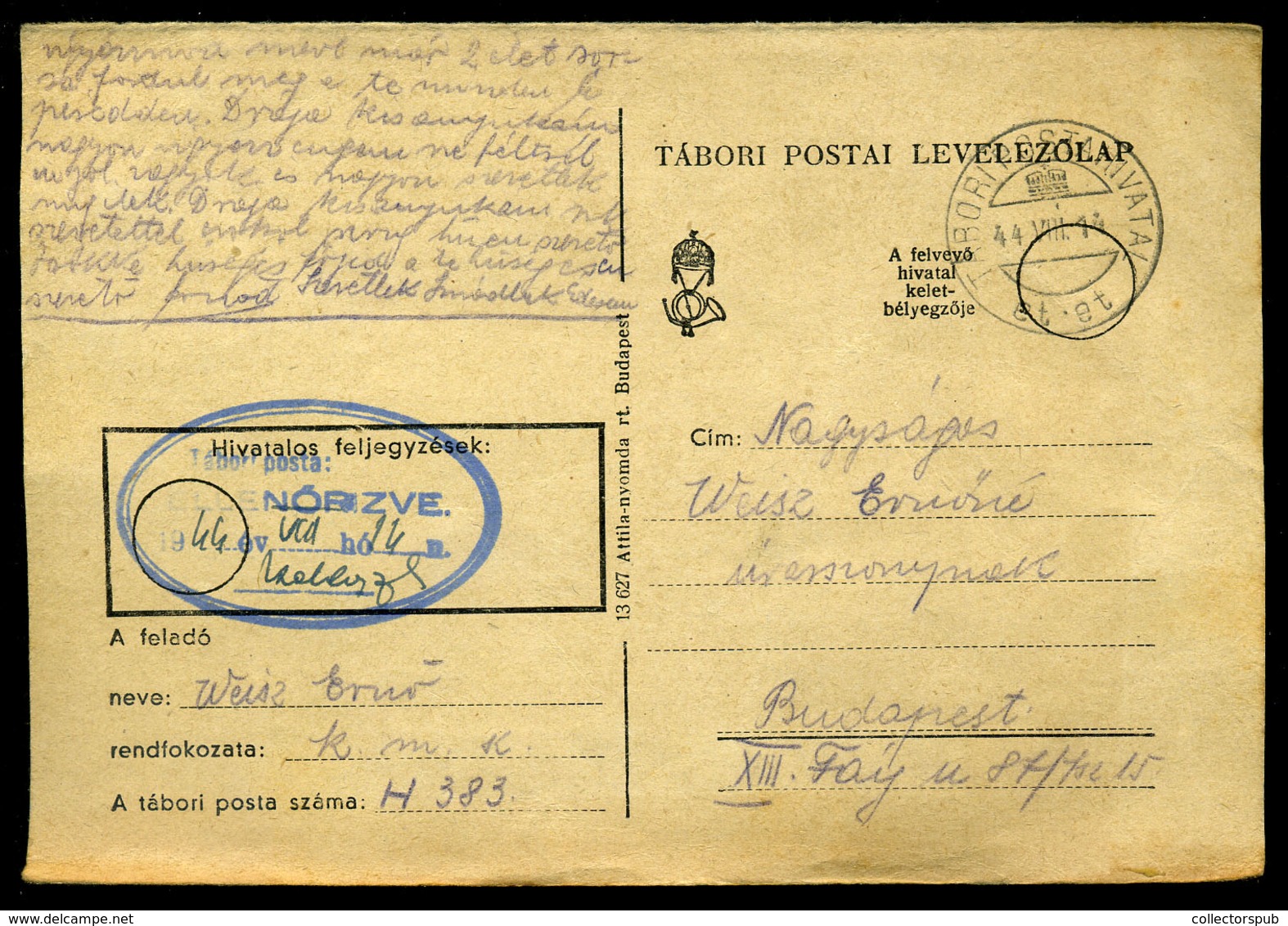 II. VH 1944. Munkaszolgálatos, Cenzúrázott Táboriposta Levlap - Briefe U. Dokumente