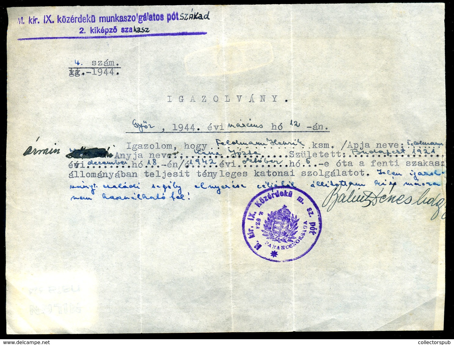 II. VH 1944. GYŐR Munkaszolgálatos Igazolvány, Feldmann Henrik - Briefe U. Dokumente