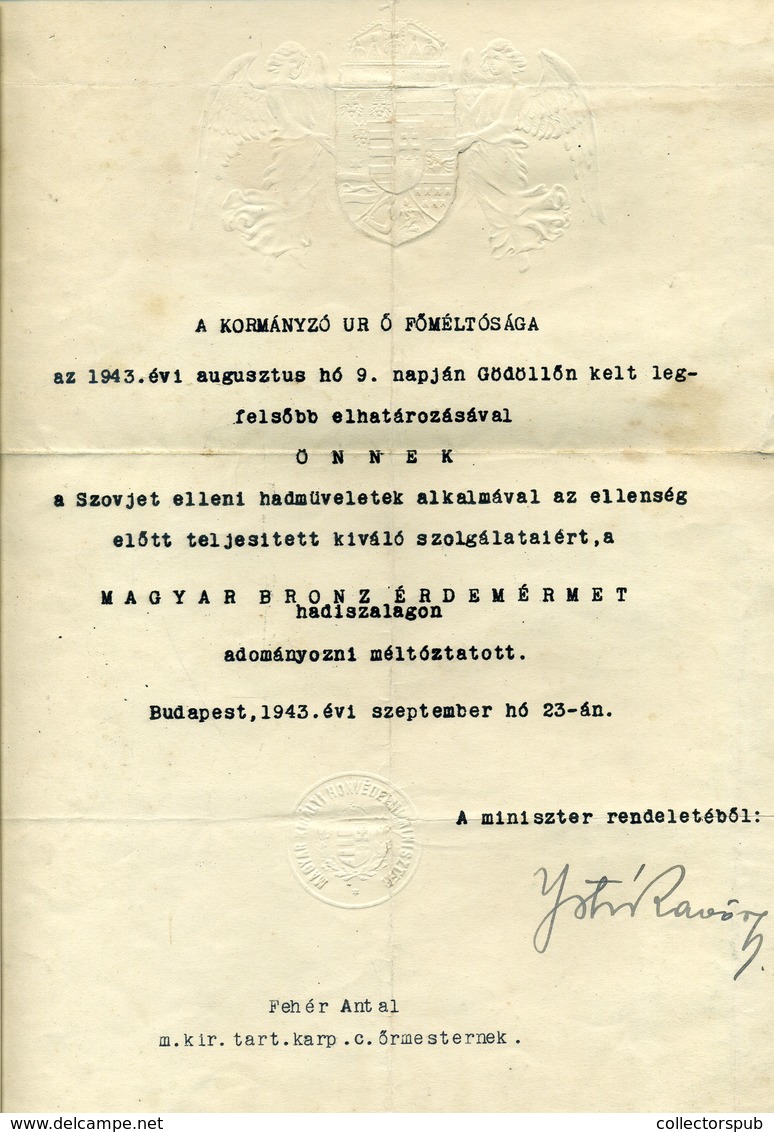 1943. Bronz érdemérem, Adományozó Oklevél - Non Classificati