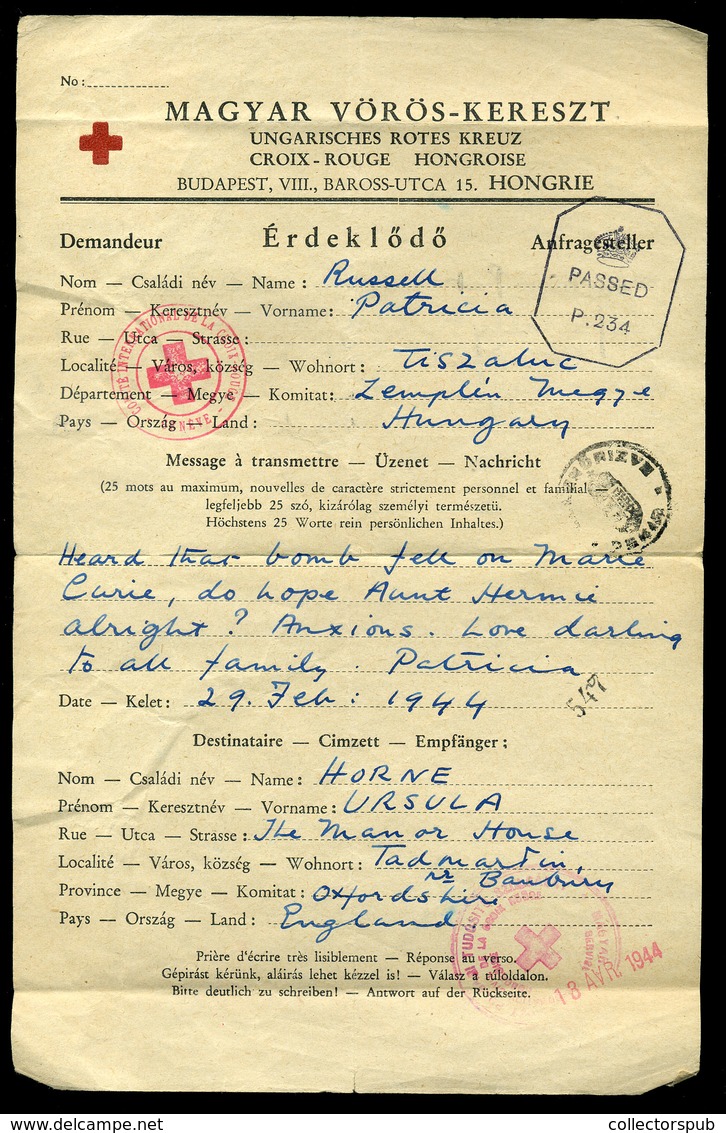 BUDAPEST 1944. Magyar Vöröskereszt Érdeklődő Nyomtatvány Az USA-ba  Küldve , Többszörös Cenzúrázással - Briefe U. Dokumente