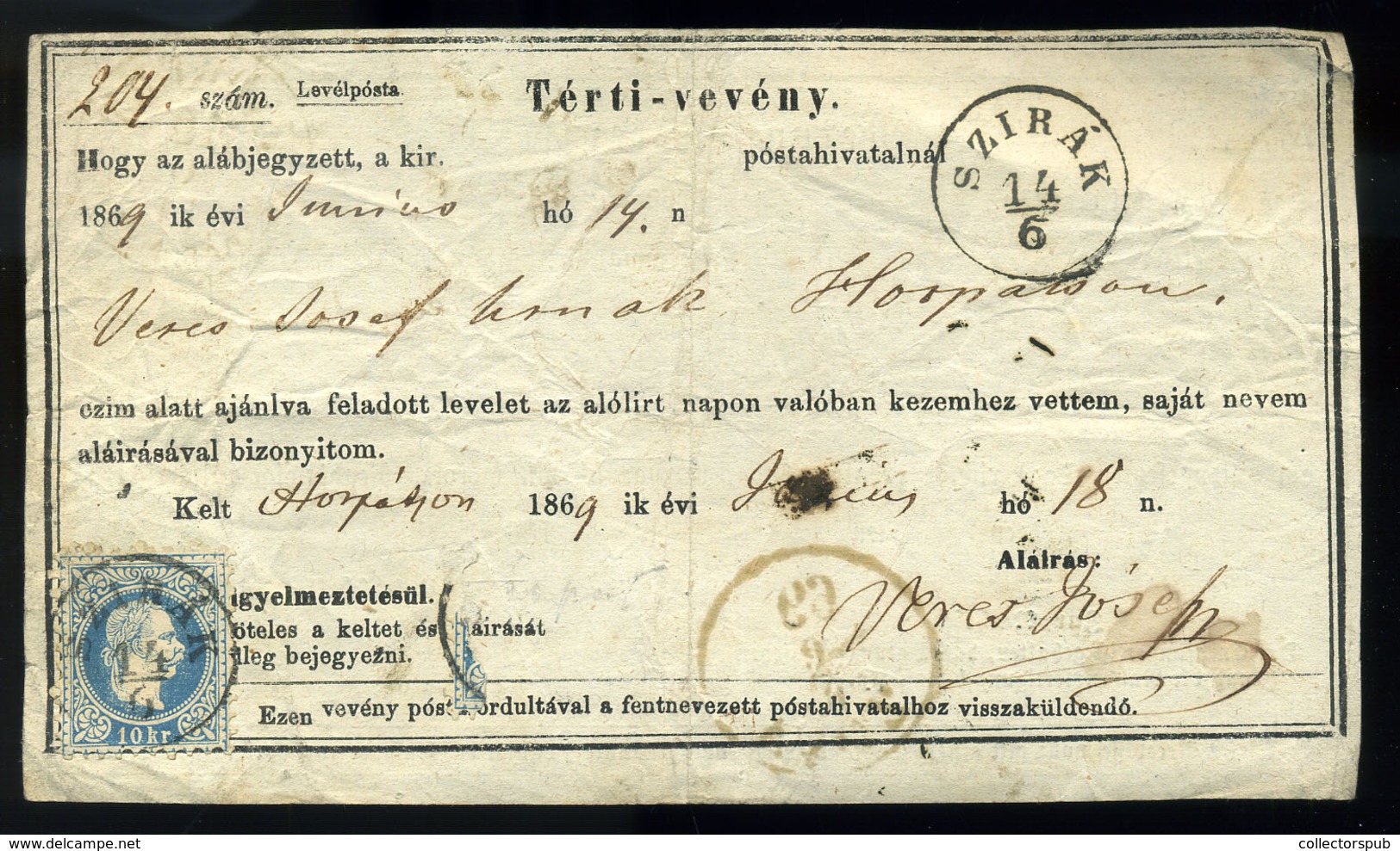 SZIRÁK 1869. Tértivevény Horpácsról Küldött Levélről, 10Kr-ral - Gebruikt