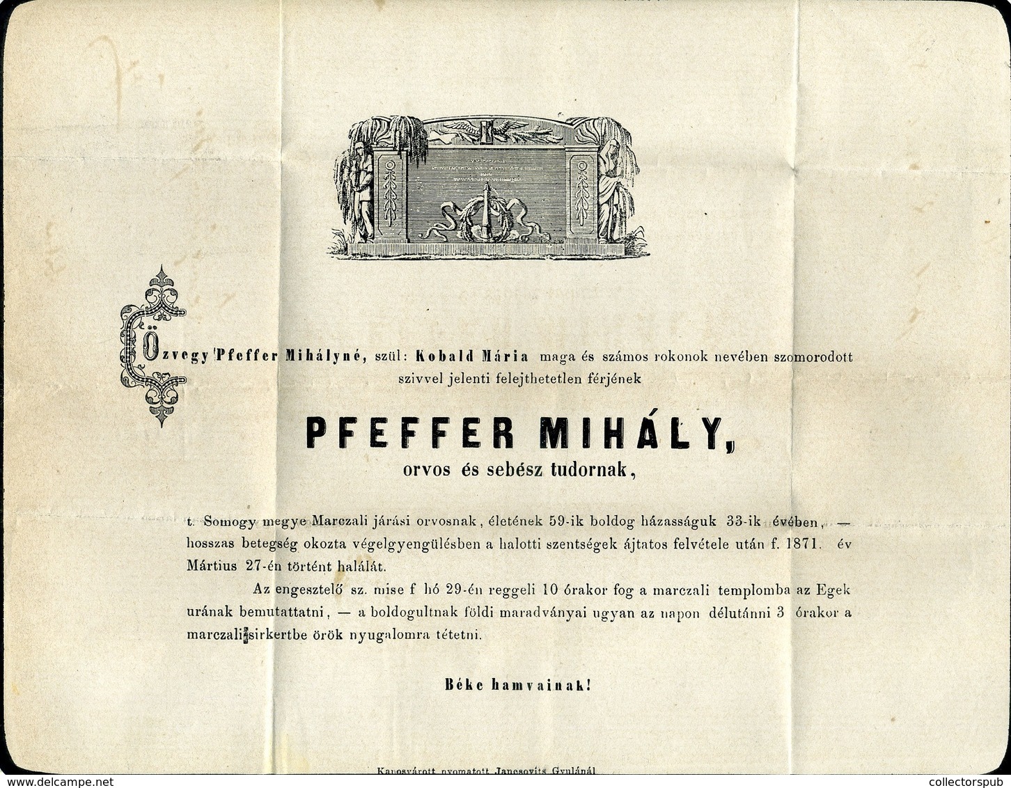 MARCALI 1871. Pfeffer Mihály, Orvos, Sebészdoktor Postázott Gyászjelentése A Váci Püspöknek Küldve - Gebraucht