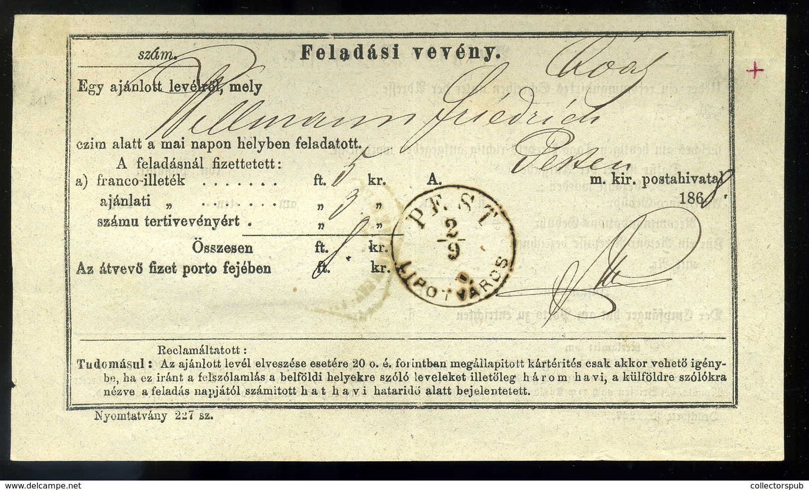 PEST 1868. Feladási Vevény 15kr Okmány Bélyeggel - Gebraucht