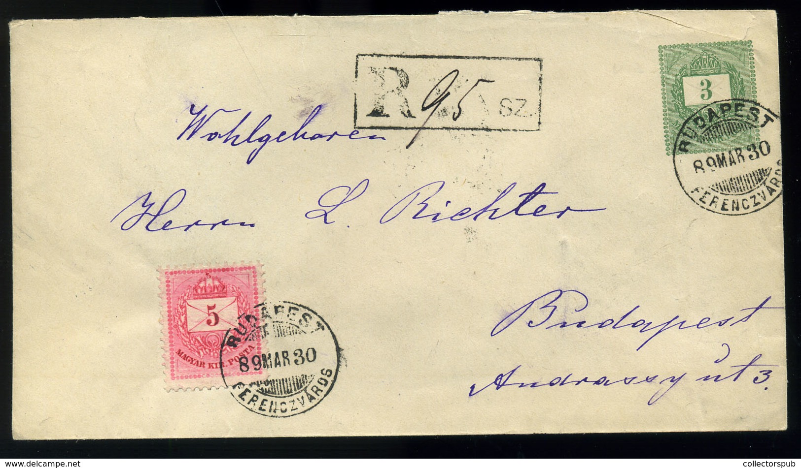 BUDAPEST 1889. Helyi Ajánlott 3Kr-os Díjjegyes Boríték 5kr Kiegészítéssel, A Prückler Bélyegkereskedés Levélzárójával. R - Gebraucht