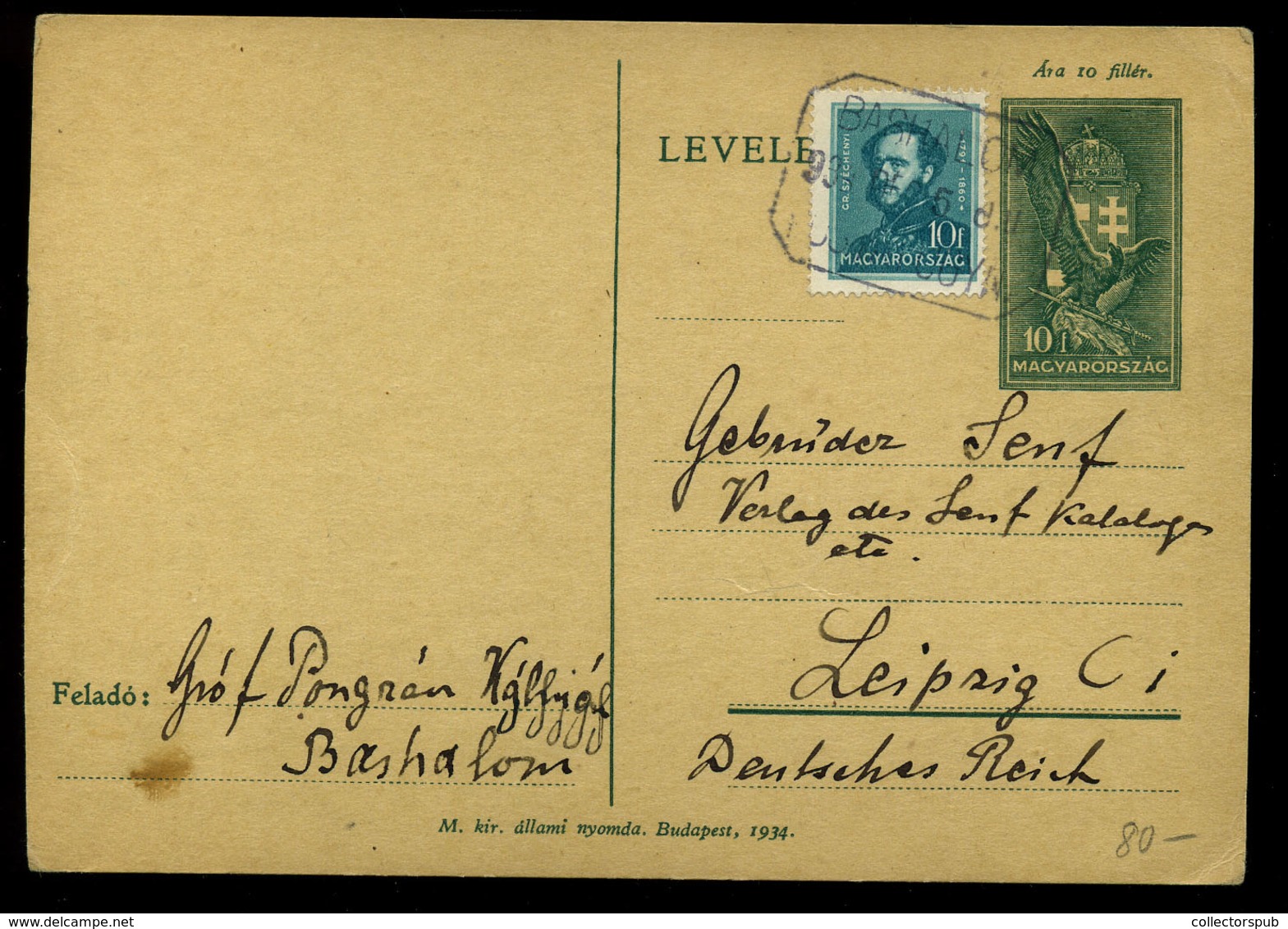 BASHALOM 1934. Kiegészített Díjjegyes Lap, Postaügynökségi Bélyegéssel  /  Uprated Stationery Card Postal Agency Pmk - Briefe U. Dokumente