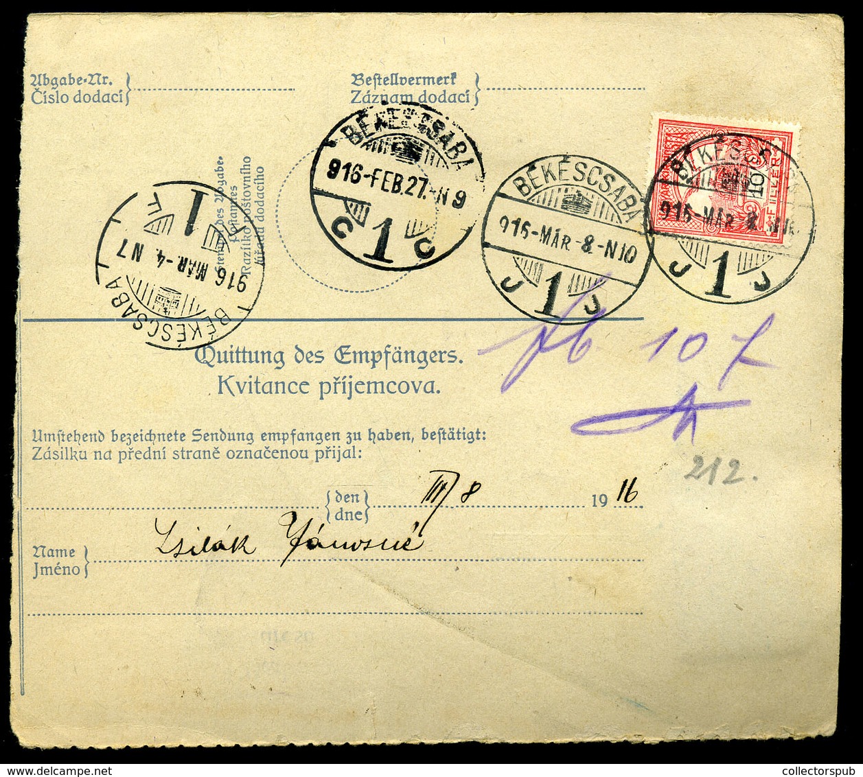 1916. Csomagszállító Ausztriából Békéscsabára Küldve , Turul 10f Fekbérrel - Gebraucht