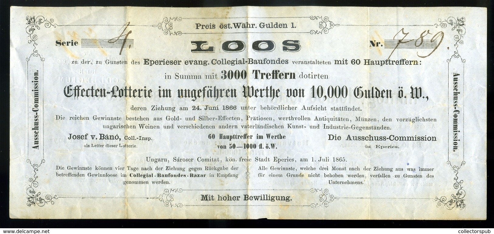 1863. SORSJEGY  Az Eperjesi Kollégium Kiépítésére - Non Classificati