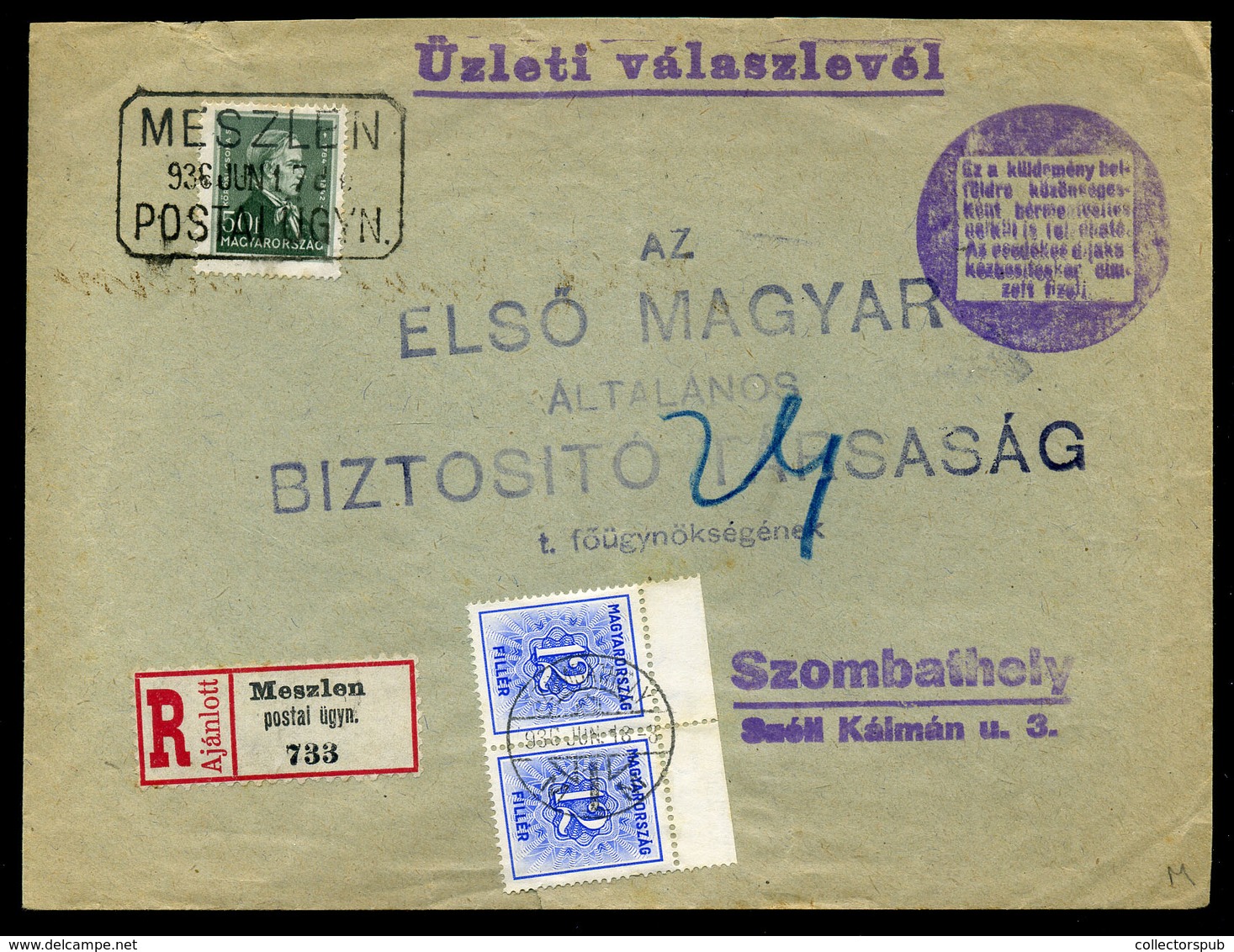 MESZLEN 1936. Céges Levél , Postaügynökségi Bélyegzéssel Szombathelyre Küldve, Portózva  /  Corp. Letter Postal Agency P - Covers & Documents